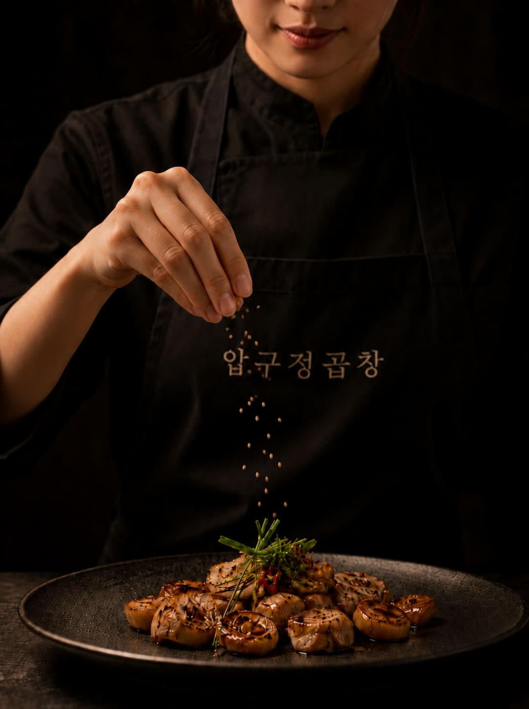 마무리 시즈닝을 뿌리는 셰프